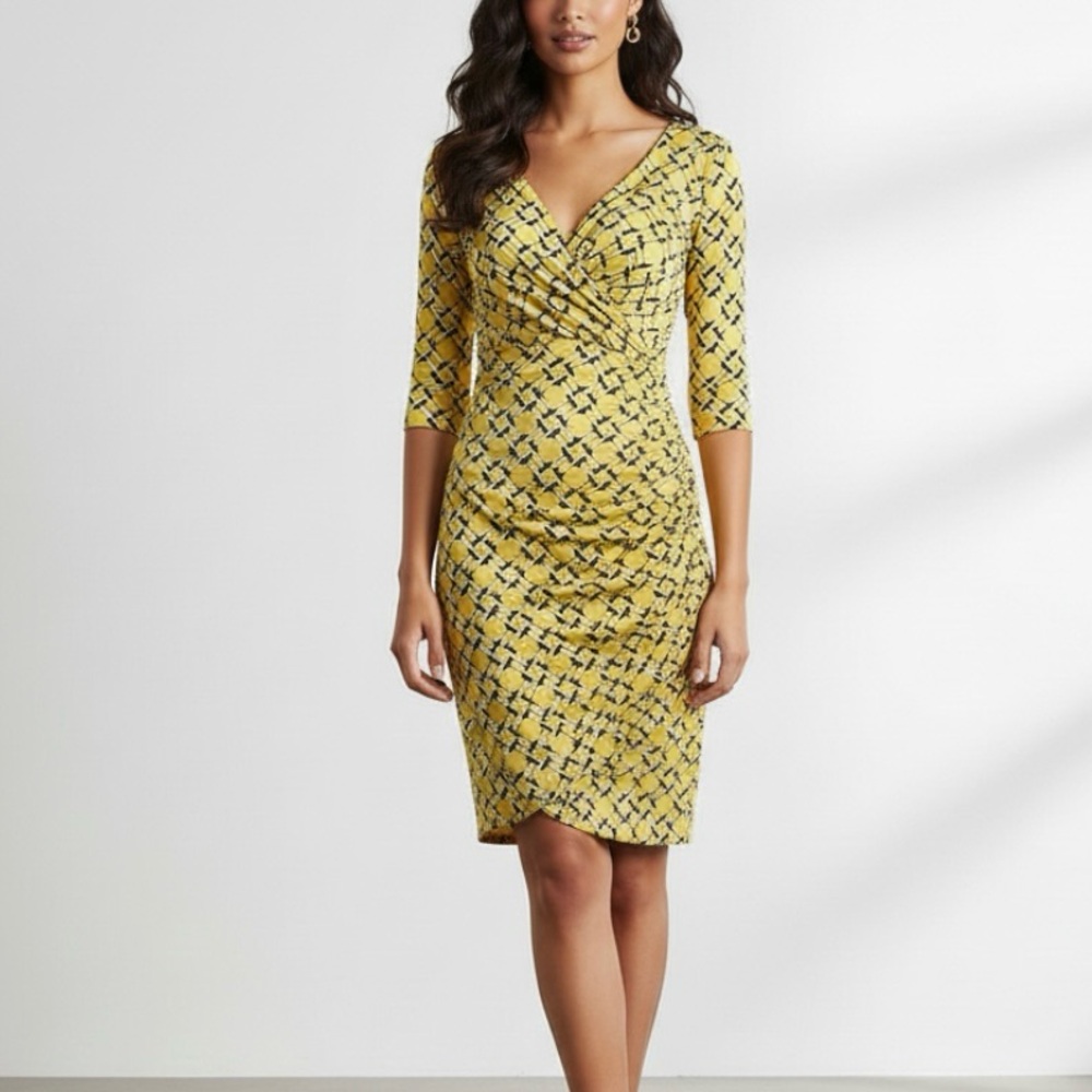 Ralph Lauren Yellow Lattice Faux Wrap Half Sleeve Stretch Sheath Dress‎ Size 10